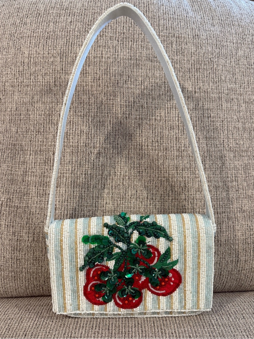 Beaded Tomato Embellished Shoulder Bag - White and Green